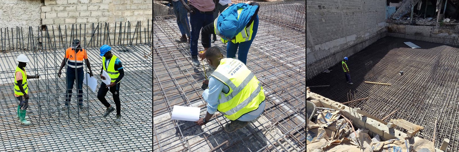 Triptyque chantier — équipes au travail sur le ferraillage